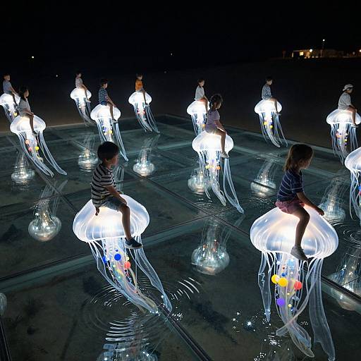 Photograph of children riding glowing jellyfish-like sculptures on a dark, reflective surface at night, creating an ethereal, underwater effect.