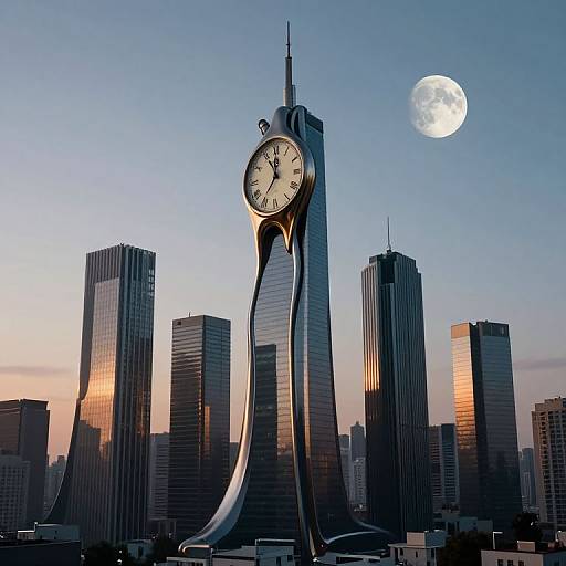 Photograph of a modern city skyline at dusk with a surreal, clock-shaped sculpture in the foreground, a full moon in the sky.