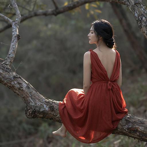 Elegant Woman in Red Dress in Forest