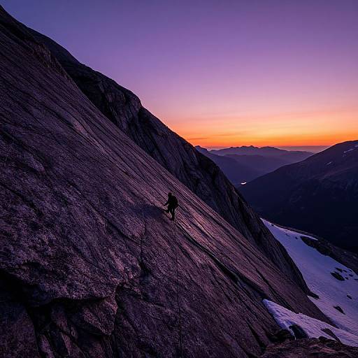 Photograph of a lone climber scaling a steep, rocky mountain slope at sunset, with vibrant purple, orange, and pink sky. Snow patches visible