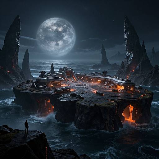 Fantasy CGI image of a dark, moonlit island with glowing orange lava, jagged rock formations, and a lone figure observing.