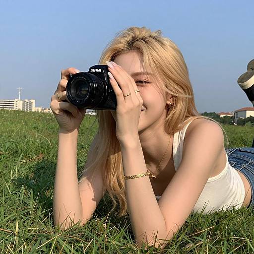 Blonde Woman Taking Photo Lying on Grass