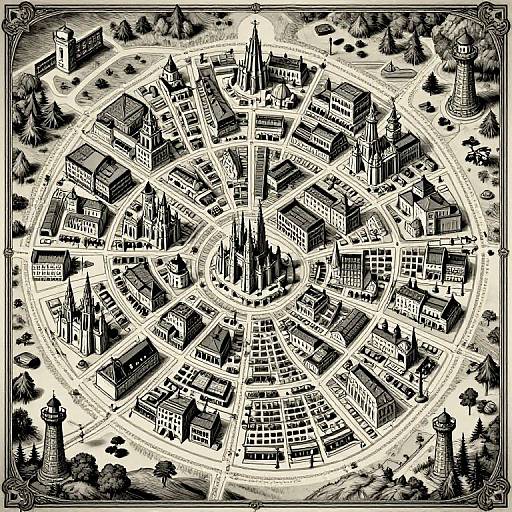 Intricate black-and-white woodcut of a circular city plan with detailed buildings, roads, and surrounding trees, featuring a central cathedral.