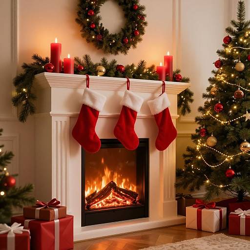 Photograph of a festive Christmas scene: white fireplace with red stockings, candles, garland, and wreath, flanked by decorated trees and wrapped
