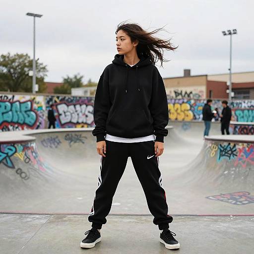 Hip Hop Dancer with Windswept Hair at Skate Park