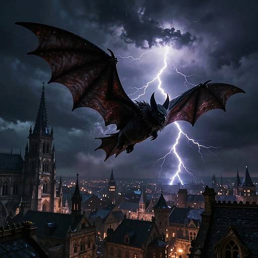 Photograph of a dark, bat-like creature with large wings flying over a stormy, lightning-struck cityscape of Gothic architecture at night.