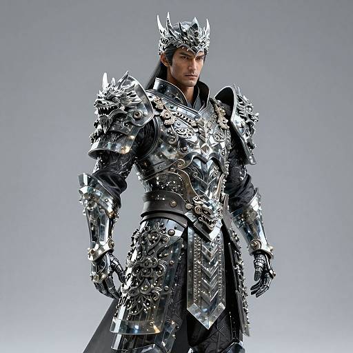 CGI image of a muscular, dark-haired man in ornate, silver, spiky armor with a crown, standing confidently against a gray background.