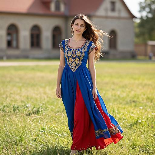 Woman in Traditional Blue and Red Dress Outdoors