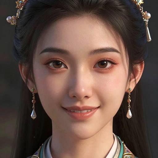 Photorealistic digital portrait of an Asian woman with fair skin, black hair, brown eyes, subtle smile, adorned with pearl and gold hairpins,