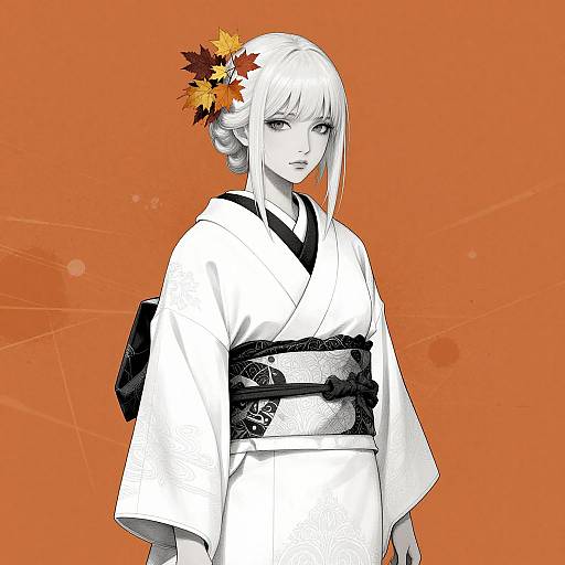 Digital anime-style drawing of a pale-skinned woman with white hair, wearing a traditional white kimono, black obi, and autumn leaves hair accessory