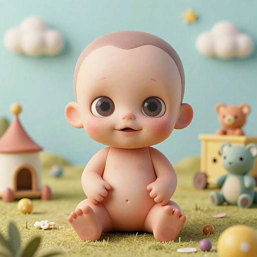 Photorealistic CGI of a chubby, bald baby doll with large purple eyes, sitting on grass in a whimsical toy-filled yard.