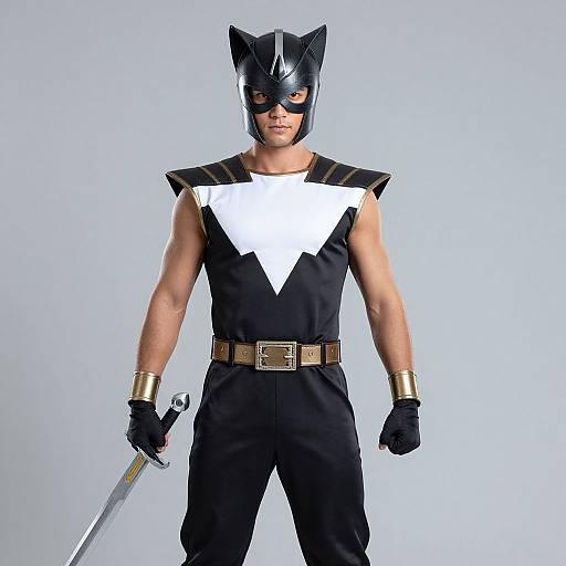 Photograph of a muscular man in a black superhero costume with white V-shaped chest emblem, black cat mask, gold cuffs, black gloves, and holding