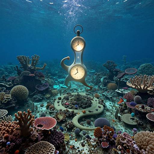 Underwater photograph of a glowing, clock-shaped sculpture floating above a vibrant coral reef with various colorful corals and fish.