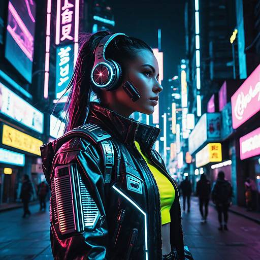 Futuristic Female Cyborg Musician in Neon City