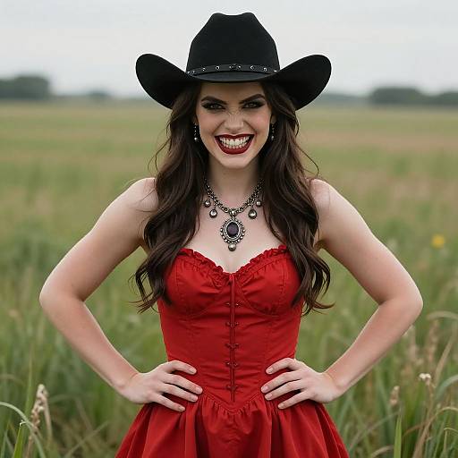 Photograph of a smiling woman with long brown hair, wearing a black cowboy hat, red lace corset dress, and black necklace, standing in a
