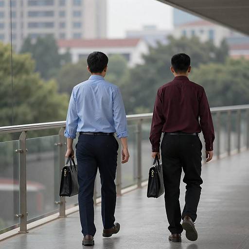 Men Walking on a Glass-Walled Bridge