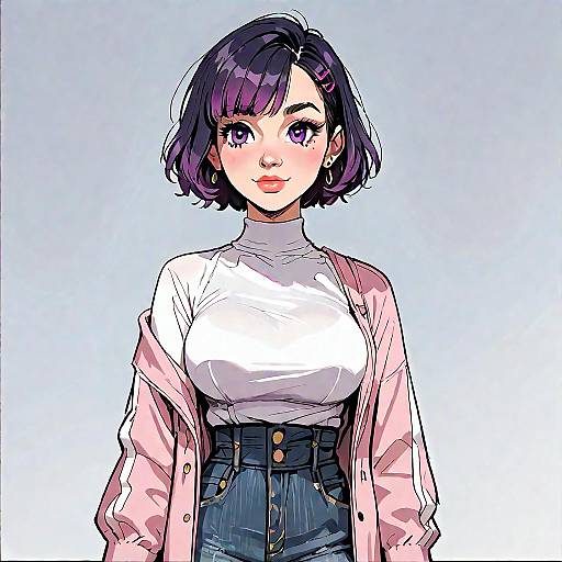 Anime Girl with Purple Hair Smiling