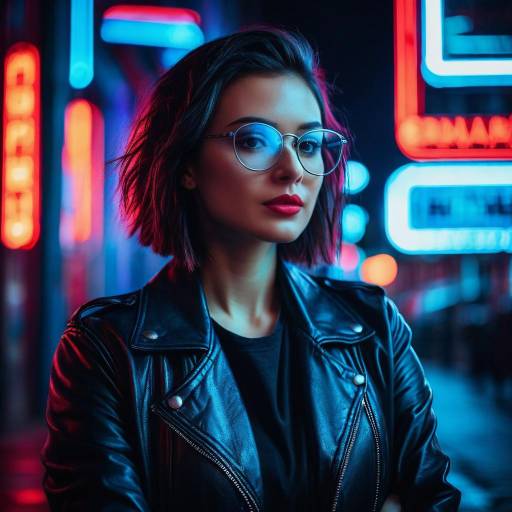 Young Woman in Leather Jacket by Neon Signs