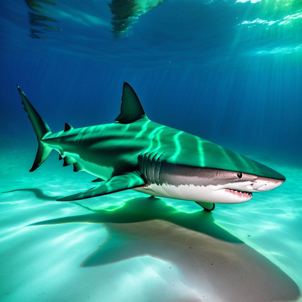 Glowing Green Tiger Shark Underwater