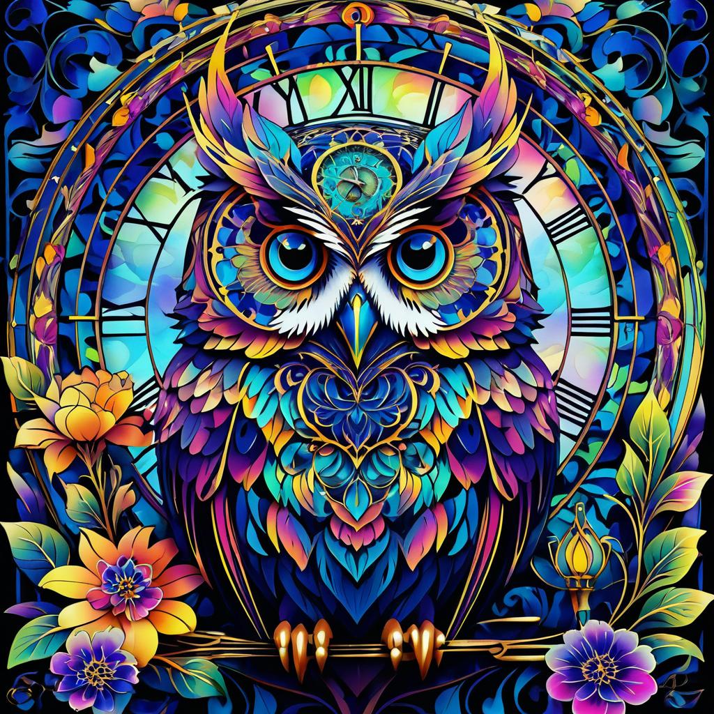 Vibrant Art Nouveau Owl with Flowers