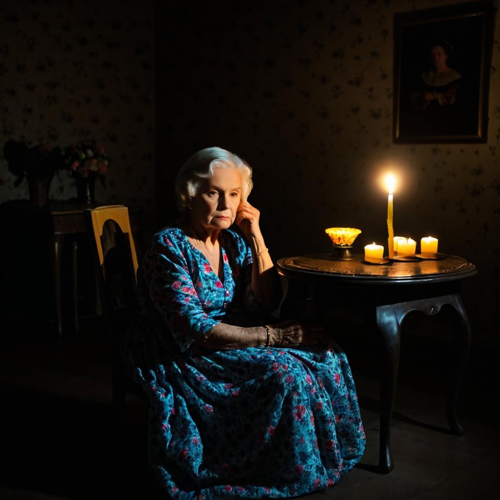 Elderly Woman in Candlelit Darkness