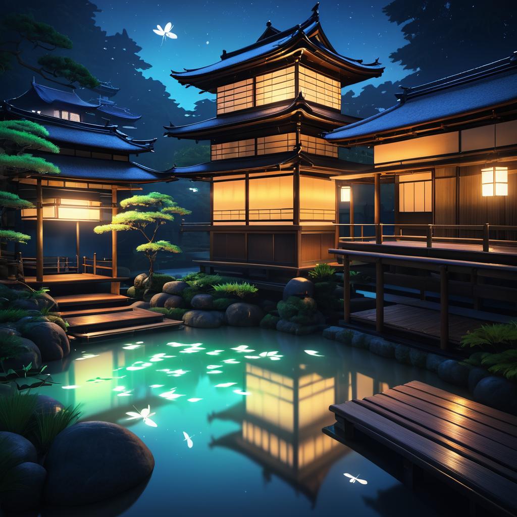 Cozy Nighttime Onsen with Dragonflies