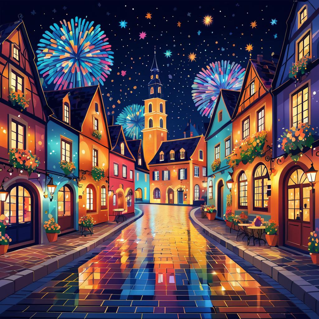 Charming Nighttime Village Square Illustration