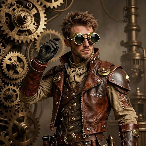 Steampunk-inspired photograph of a rugged man with spiked brown hair, round goggles, brown leather vest, and black gloves, standing against a backdrop of