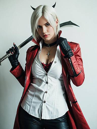 Woman in Trish Devil May Cry Cosplay Costume