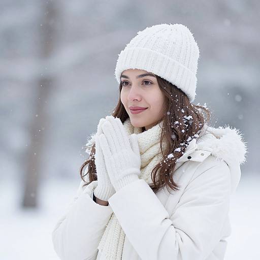 Photograph of a smiling woman with long brown hair, wearing a white fur hat, gloves, and coat, standing in a snowy, blurred forest.