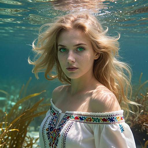 Photograph of a blonde woman with green eyes underwater, wearing an off-shoulder white dress with colorful embroidery, surrounded by seaweed.