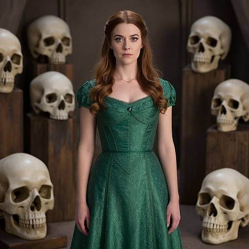 Photograph of a young woman with long brown hair in a green lace dress, standing in front of seven skulls against a dark wooden backdrop.
