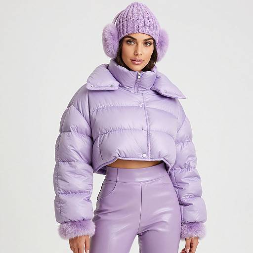Photograph of a woman wearing a lavender puffy jacket, matching high-waisted pants, and a knitted hat with fur trim, standing against