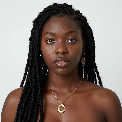 Photograph of a topless, dark-skinned African woman with long black dreadlocks, wearing a gold necklace with an oval pendant, and hoop earrings