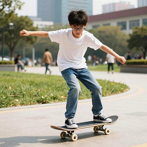 Photograph of a young Asian boy with black hair and glasses, wearing a white t-shirt and blue jeans, skateboarding in a sunny urban park with