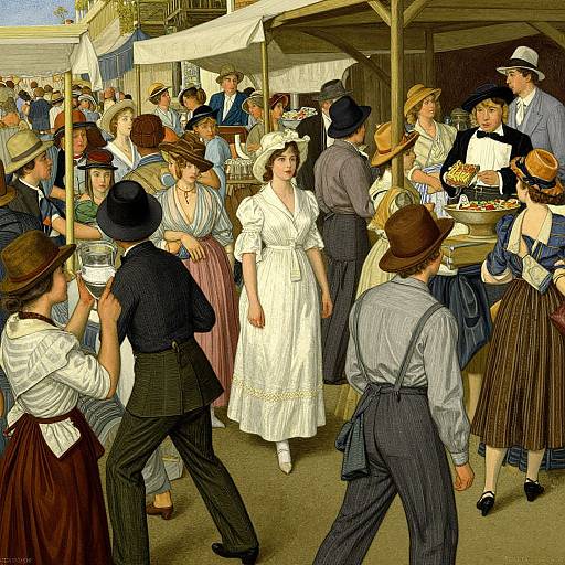 Victorian-era fair scene with diverse, dressed-up men and women in hats, striped shirts, pinstripe pants, and white dresses, socializing