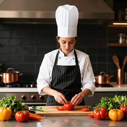 Photograph of a young female chef in a white hat and black pinstriped apron slicing red tomatoes on a kitchen counter, surrounded by colorful