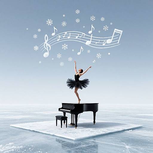 Digitally illustrated ballerina in black tutu, standing on piano, arms raised, creating musical notes and snowflakes in a gradient blue sky