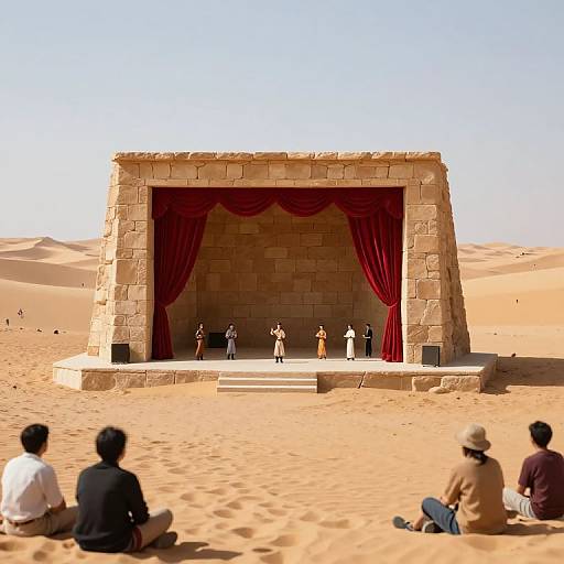 Photograph of an outdoor play in a desert, featuring an ancient stone stage with red curtains, six actors in various costumes, and an audience seated on