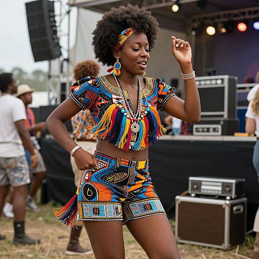 Photograph of a Black woman with afro, wearing vibrant, colorful, patterned crop top and shorts, performing outdoors on a stage, with speakers
