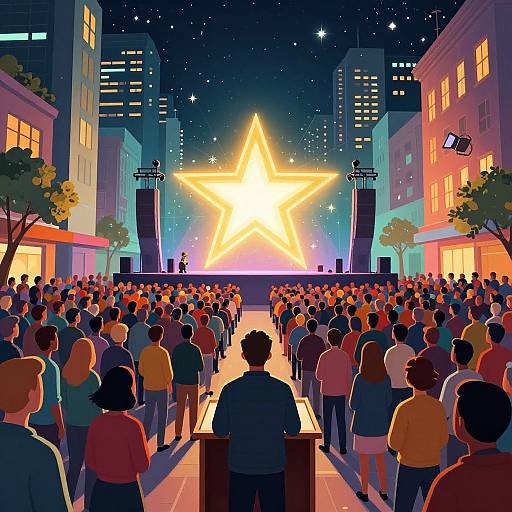 Digital illustration of a nighttime urban street concert with a large glowing star backdrop, a crowd of diverse people, tall buildings, and bright city lights.