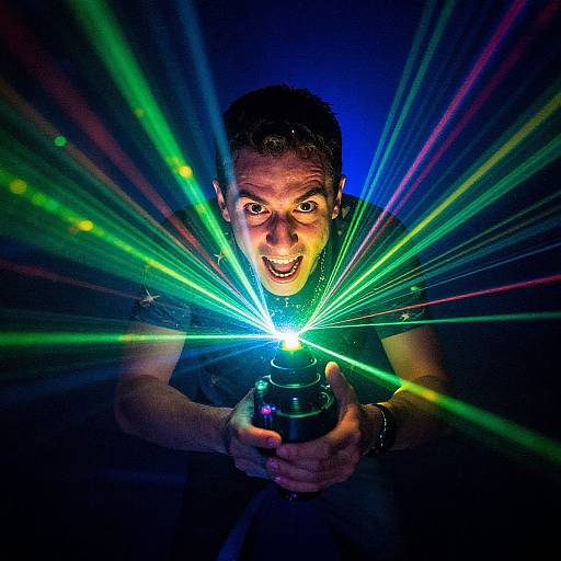 Photograph of a man with short dark hair, excited expression, holding a laser pointer, emitting green and blue beams, against a dark blue background.