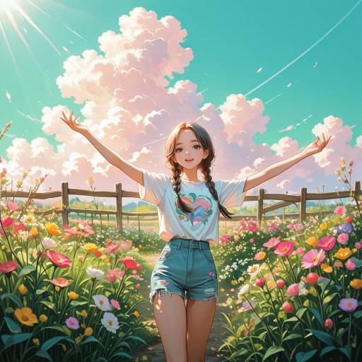 Carefree Girl Twirling in Flower Garden Carefree Girl Twirling in Flower Garden