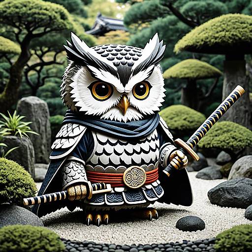 Owl Samurai in Zen Garden