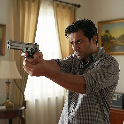 Intense Man Aiming Handgun in Sunlit Room