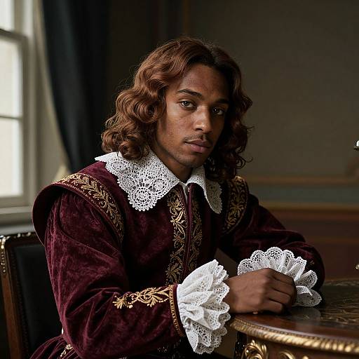 Photograph of a Black man with long, wavy brown hair, wearing a rich burgundy velvet Renaissance-style shirt with intricate gold embroidery and white lace