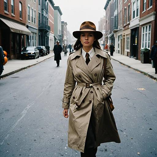 Photograph of a confident woman in a tan trench coat and brown hat walking down a narrow, urban street with brick buildings.