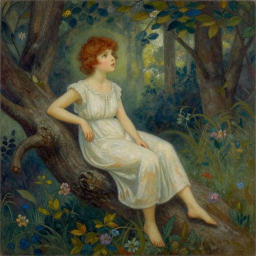 Pre-Raphaelite painting of a fair-skinned, curly red-haired woman in a white dress, sitting barefoot on a tree branch in a lush