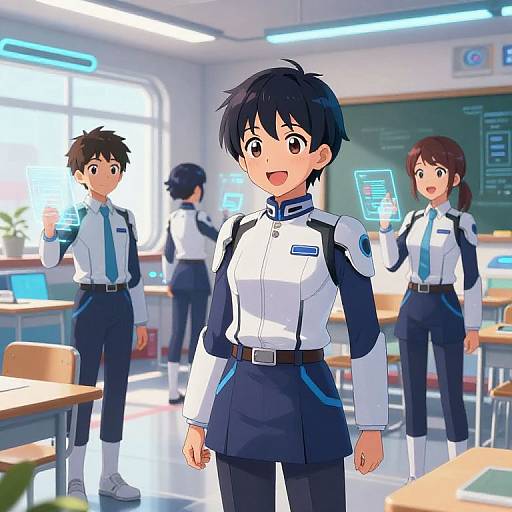 Anime-style digital illustration of four young, uniformed students in a bright classroom, holding futuristic holographic devices, with a blackboard and desks in the