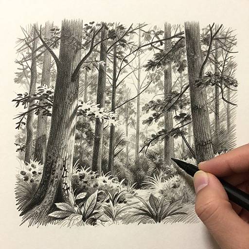 Black-and-white pencil drawing of a dense forest with tall trees and lush underbrush, created with intricate cross-hatching techniques, partially sketched by a